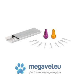 Zestaw DENTANOMIC - brązowy, składający się z 2 długich uchwytów + zestawu ostrzy Elevator i Luxator + stojaka do przechowywania