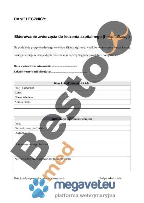 Skierowanie zwierzęcia do leczenia szpitalnego (BSM)