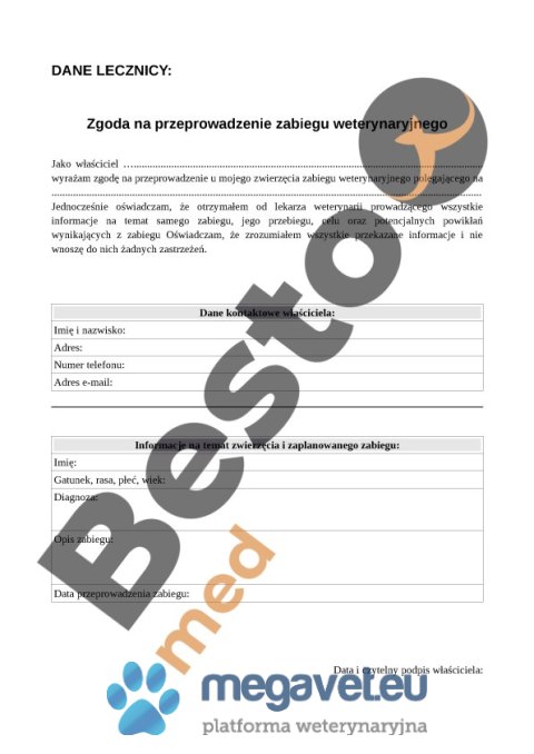 Zgoda na przeprowadzenie zabiegu weterynaryjnego (BSM)